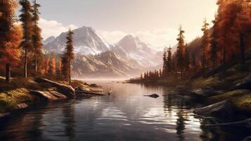 Lake with mountains and trees. photo