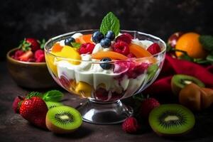 Colorful fruit salad in a glass bowl with different sliced fruits an whipped cream yogurt in a nice setup environment. photo