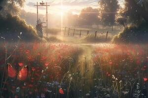 Natural landscape with blooming field of poppies at sunset. photo