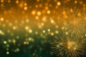 Gold and green Fireworks and bokeh in New Year eve and copy space. Abstract background holiday. photo