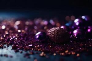 Sparkling Glitter abstract background dark purple saturated color, de - focused, macro. Sequins fall and sparkle, round bokeh. photo