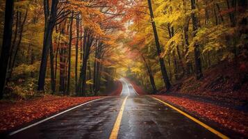 un hermosa largo la carretera en otoño temporada es forrado con arboles Llevando vistoso hojas. ai generativo foto