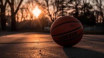 A photograpgh of a basketball on a court at sunset,. photo