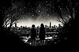 Silhouettes of two stargazing woman saying goodby, surrounded by trees and the contour of london city in the background. photo