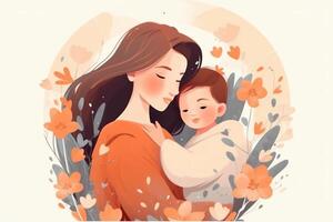 Illustration of mother with her little child, flower in the background. Concept of mothers day, mothers love, relationships between mother and child. AI generative photo