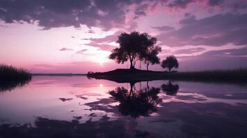 un escena en cuales el todo púrpura cielo es reflejado en el agua. ai generativo foto