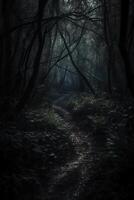 oscuro bosque, con un camino en el medio, horror ambiente, arboles en el lado. ai generativo foto