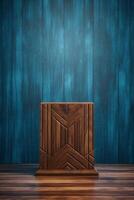 Brown wood grain podium with blue pattern background, front view. photo