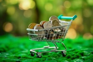 Finance and money concept. coins in shopping carts on light bokeh green background. photo