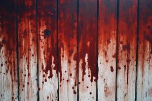 Horror wood blood stain background, grunge rough wooden plank wallpaper. AI generative photo