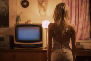 sad blonde woman back view in her room standing. photo