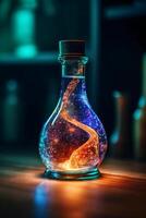 Glowing galaxy in a glass bottle. photo