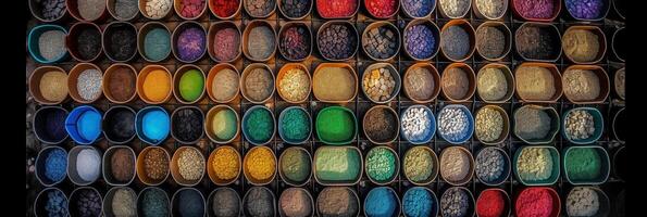 top view, aerial view, bowls of gemstones of the color of the rainbow. photo