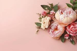 Peonies, roses on pink background with copy space. Abstract natural floral frame layout with text space. Romantic feminine composition. photo