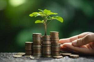 Close up of male hand stacking coins with green bokeh background. photo