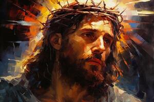 Jesus with a crown of thorns surrounded by glowing light Palette knife drawing. photo