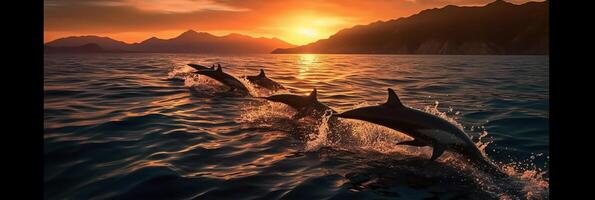 angle shot of a pod of dolphins leaping out of the water in unison with the backdrop of majestic mountains and a vibrant sunset. photo