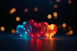 Valentine day background. Love light. Romantic ornament. Yellow round led string neon red blue color blur heart glow festive pattern on defocused dark. photo