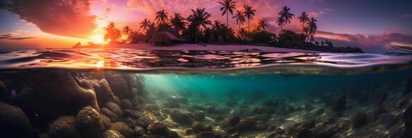 fotografía de hermosa atractivo playa escena con púrpura puesta de sol cielo. ai generativo foto