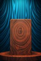 Brown wood grain podium with blue pattern background, front view. photo