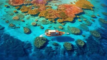 An aerial shot of a tropical island's lagoon, with shallow turquoise waters and coral formations creating intricate patterns beneath the surface. photo