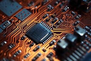 Macro photography of Electronic Circuit Board top view. photo