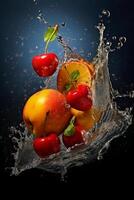 fresh fruits, splash, vibrant colors. photo