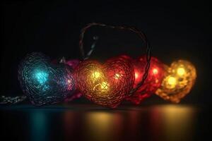 Valentine day background. Love light. Romantic ornament. Yellow round led string neon red blue color blur heart glow festive pattern on defocused dark. photo