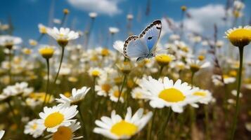 Beautiful white yellow daisies and blue cornflowers with fluttering butterfly in summer in nature against background of blue sky with clouds. photo