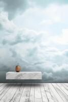 Marble table, white sky wall, grunge cloud texture background, soft blur product display poster design. photo