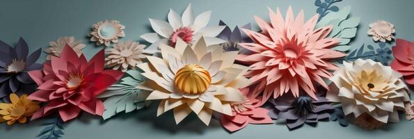 Seamless Paper Craft, layered art of flowers, copyspace. photo