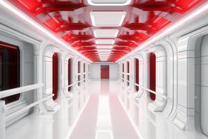 Futuristic background science fiction interior white wall and red light architecture corridor,. photo