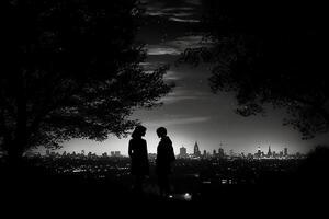 Silhouettes of two stargazing woman saying goodby, surrounded by trees and the contour of london city in the background. photo