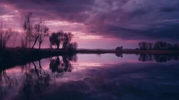 A scene in which the entire purple sky is reflected in the water. photo