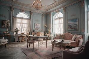 Luxurious office, in the style of light pastel colors, hand. photo