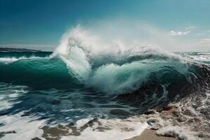 Sunny day, Beauty of marine nature, strength and power of the water element in form of a large turquoise sea wave crashing on shore. photo