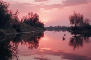 A scene in which the entire pink sky is reflected in the water. photo