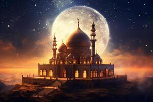 The mosque, Kareem lantern, Blurred star in night sky background, Eid al adha concept. photo