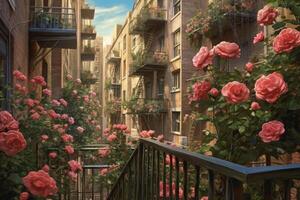 ilustración de rosas floreciente Entre edificios ai generativo foto