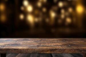 Wooden table with dark blurred background. photo