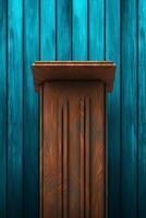 Brown wood grain podium with blue pattern background, front view. photo