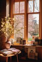 A photo of photobooks next to a big window.