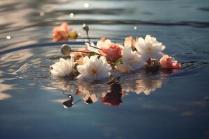 beautiful white and rose flowers floating in the lake. photo