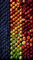 un colección de frutas en diferente colores. ai generativo foto