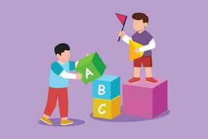 Cartoon flat style drawing two little boys playing blocks toys together. Educational toys for smart kids. Children playing designer cubes, developmental constructor. Graphic design vector illustration