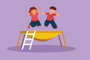 Graphic flat design drawing of happy girl and boy jumping together on trampoline. Cute little kids jumping on round trampoline. Active children with outdoors games. Cartoon style vector illustration