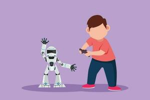 Graphic flat design drawing happy little boy playing with remote controlled robot toys. Cute kids playing with tech electronic toy robot with remote control in hands. Cartoon style vector illustration