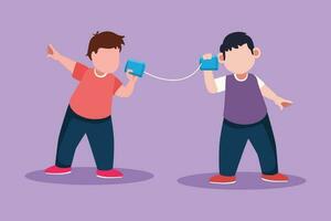 Character flat drawing cheerful little boys talk using string phone. Children communicating through paper cups phone. Happy adorable kids playing with can telephone. Cartoon design vector illustration