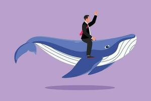 Character flat drawing of brave businessman riding huge dangerous blue whale. Professional entrepreneur male character. Successful business man. Business metaphor. Cartoon design vector illustration