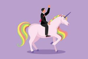 Graphic flat design drawing smart businessman riding unicorn symbol of success. Business startup concept, looking a goal, achievement, leadership. Business metaphor. Cartoon style vector illustration